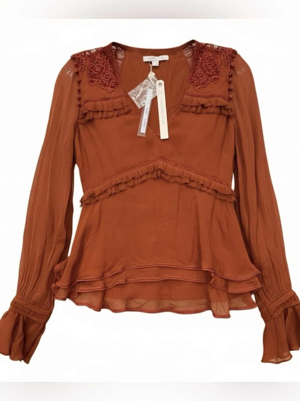 NWT! Jonathan Simkhai 100% Silk Lace Trim Ruffle Blouse – Cigar Brown/Rust - S